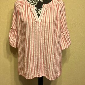 🎁2/$12 CHAPS XL BELL SLEEVED V NECK PINK & WHITE STRIPED TOP